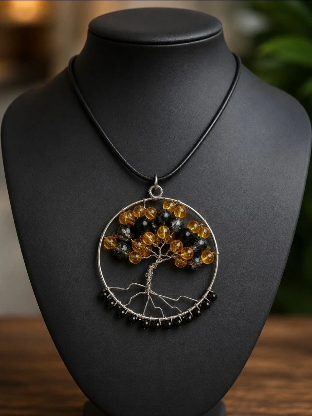 Orange and Black Bead Tree of Life Pendant Necklace